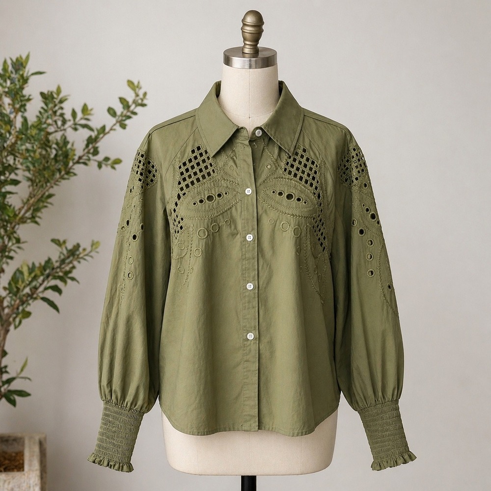 Elie Tahari Blouse Womens 8 Olive Green Boho‎ Eyelet Cutout Smocked Cuff Cotton